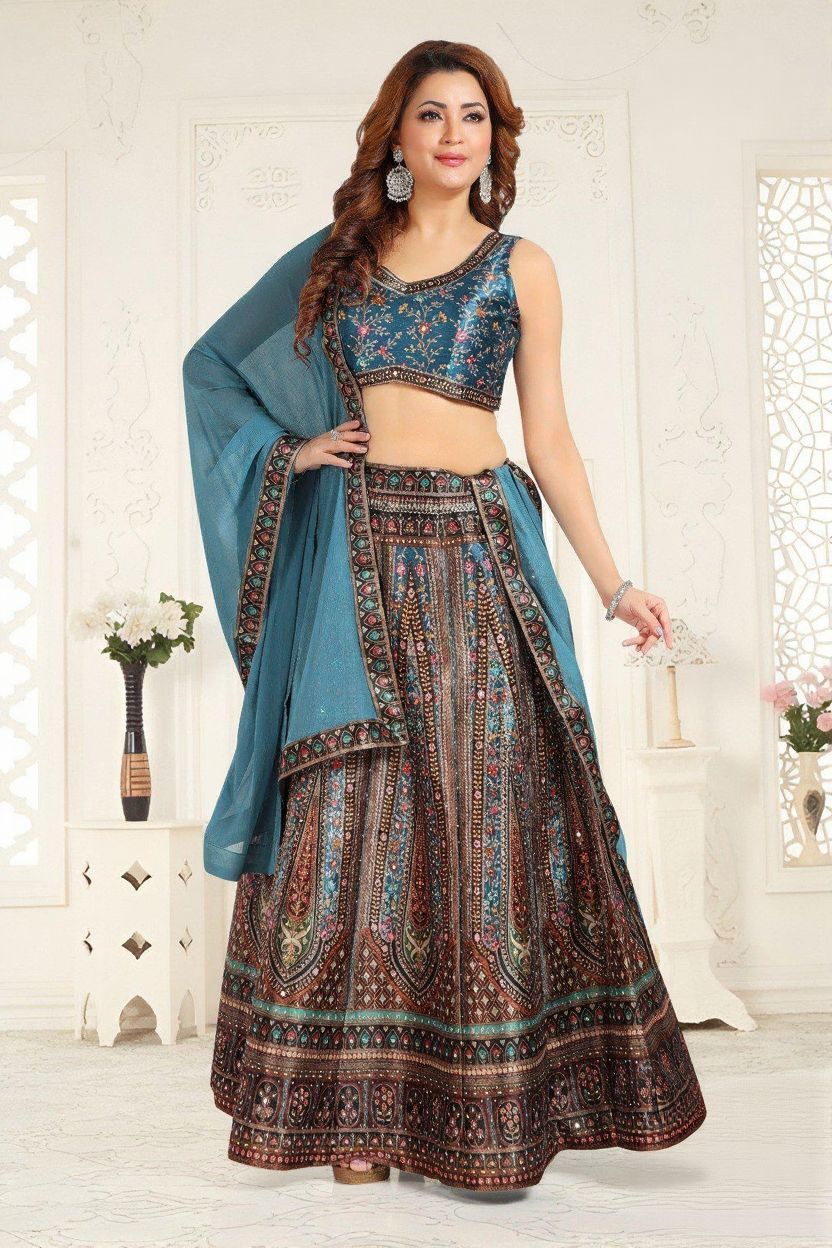 Shree Shanti Selection - Blue Embroidered Lehenga Choli for Womens